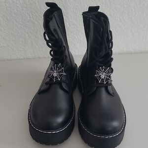 Black Combat Boots with Spider Web Detail